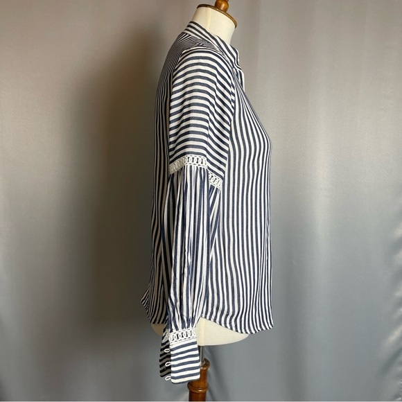 Ann Taylor Navy White Striped Balloon Sleeve Top Blouse - Size XXSP - Picture 5 of 15